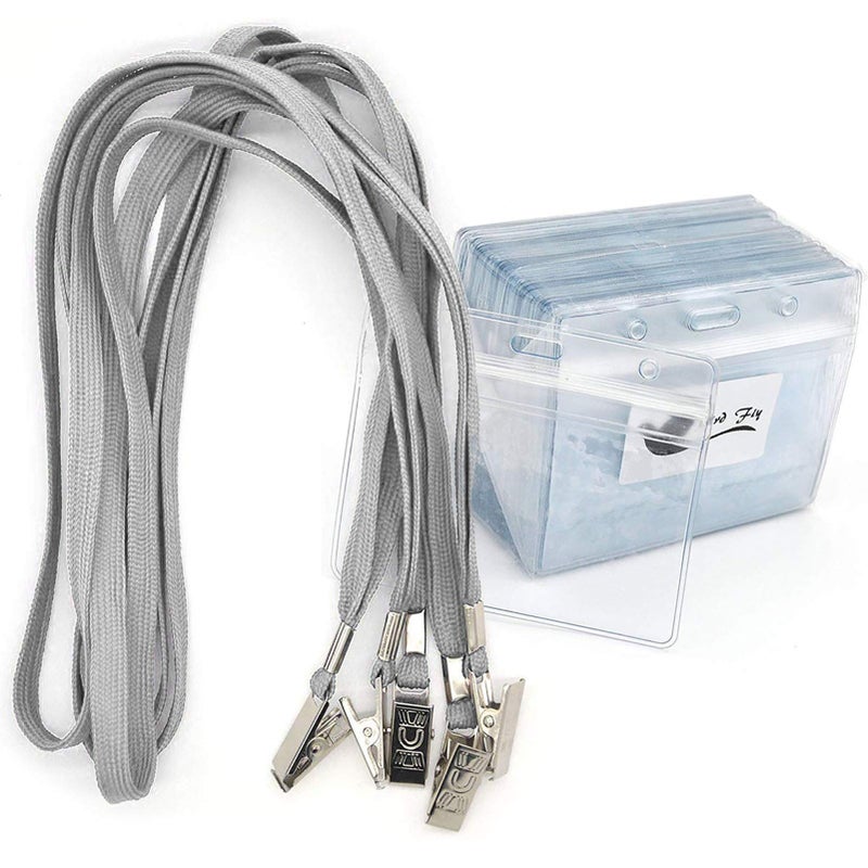 Bird Fiy Plastic Name Tag Badge Id Card with 50 Pack Waterproof Lanyards - Gray, Horizontal - Image 1